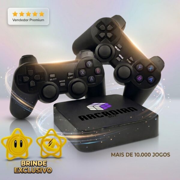 Arcadian Box Console Retro: multijogos 4K HDMI com 2 controles USB e compatibilidade com PS1, N64, SNES e arcade.