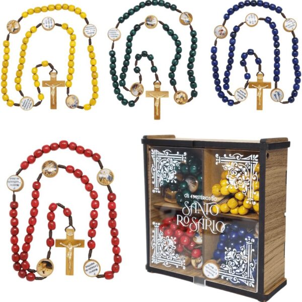 Artcruz Rosário em 4 Terços Coloridos com Mistérios: praticidade, beleza e fé em uma caixa personalizada em MDF amadeirado.