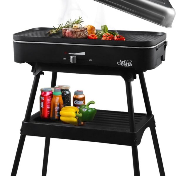 Artestia Grelhador Elétrico 1800W sem Fumaça: portátil, com tampa e controle de temperatura, ideal para uso interno e externo.