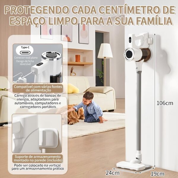Aspirador de Pó Vertical Sem Fio 12V, 120W, Adequado para Pêlos de Animais e Poeira em Geral.