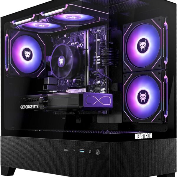 BEASTCOM Q5 Pro: PC gamer potente com Ryzen 7, RTX 5060, 32GB RAM e SSD 1TB para jogos e multitarefa.