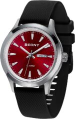 BERNY relógio masculino em aço inoxidável com quartzo, resistente à água e função dia e data para uso esportivo e elegante