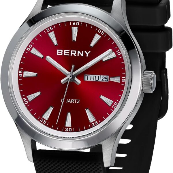 BERNY relógio masculino em aço inoxidável com quartzo, resistente à água e função dia e data para uso esportivo e elegante