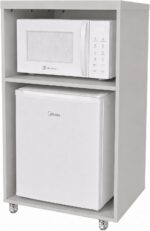 Bancada Bar com rodízios para embutir frigobar e micro-ondas, ideal para otimizar sua cozinha com praticidade.