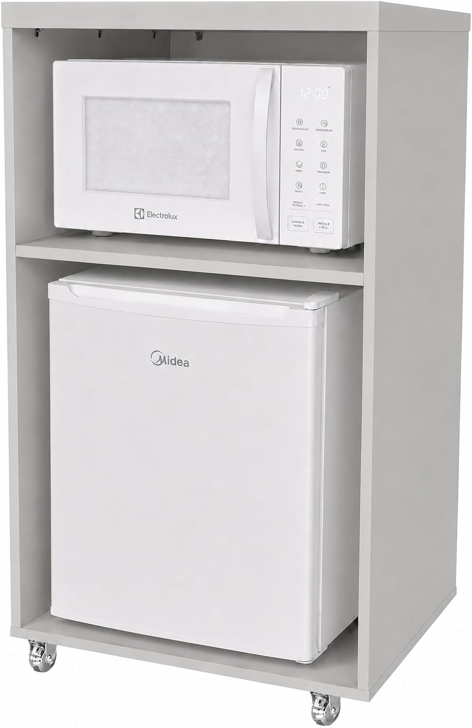 Bancada Bar com rodízios para embutir frigobar e micro-ondas, ideal Bancada Bar com rodízios para embutir frigobar e micro-ondas, ideal para otimizar sua cozinha com praticidade.