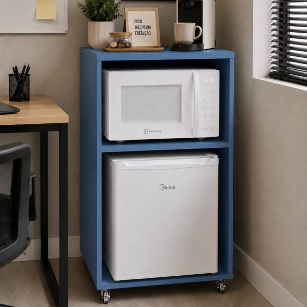 Bancada Bar para embutir frigobar e micro-ondas com rodízios, prática, resistente e ideal para otimizar seu espaço.