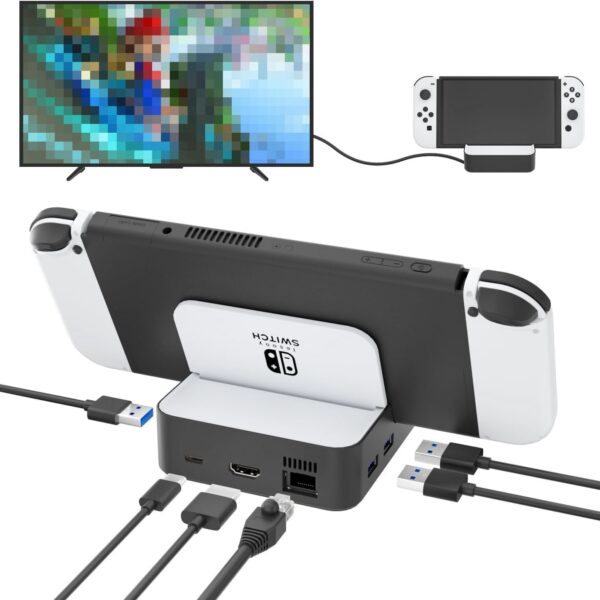 Base de TV MVIIOE para Switch/OLED com LAN, HDMI 2.0, 3 USB e carregamento PD rápido