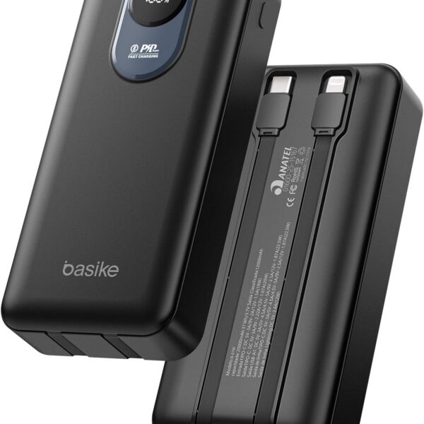 Basike Power Bank 20000mAh, Carregador Portátil com Carregamento Rápido, USB-C (máx. 20W, PD) + USB-A (máx. 22,5W QC), Inclui 2 Cabos Embutidos (USB-C e Lightning), Proteção Múltipla – Preto