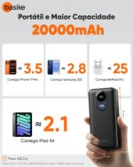 Basike Power Bank 20000mAh, Carregador Portátil com Carregamento Rápido, USB-C (máx. 20W, PD) + USB-A (máx. 22,5W QC), Inclui 2 Cabos Embutidos (USB-C e Lightning), Proteção Múltipla – Preto - Imagem 2