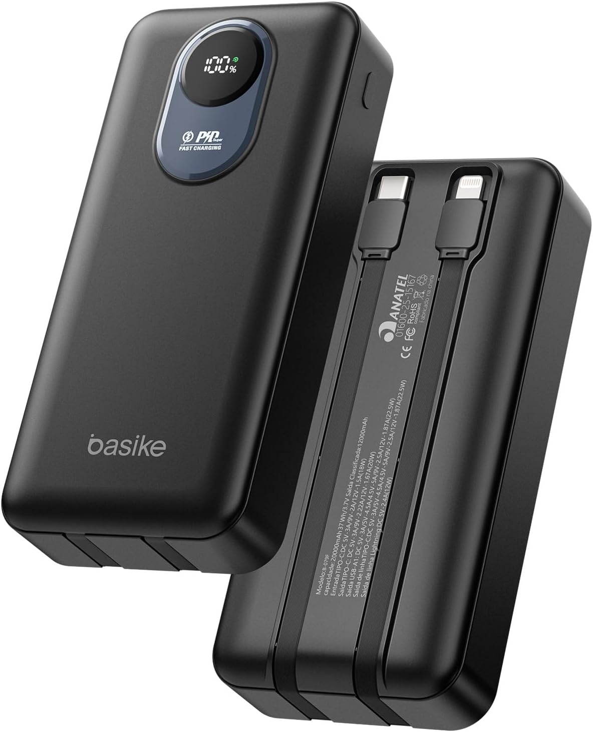 Basike Power Bank 20000mAh, Carregador Portátil com Carregamento Rápido, USB-C Basike Power Bank 20000mAh, Carregador Portátil com Carregamento Rápido, USB-C (máx. 20W, PD) + USB-A (máx. 22,5W QC), Inclui 2 Cabos Embutidos (USB-C e Lightning), Proteção Múltipla – Preto