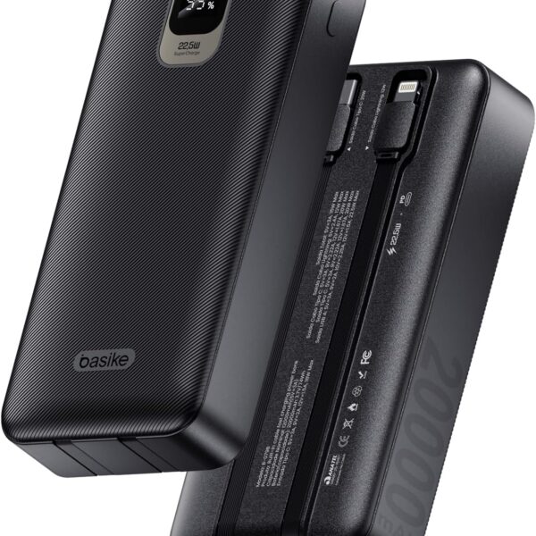 Basike Power Bank 20000mAh: carregamento rápido, cabos embutidos e proteção completa para iPhone e Android