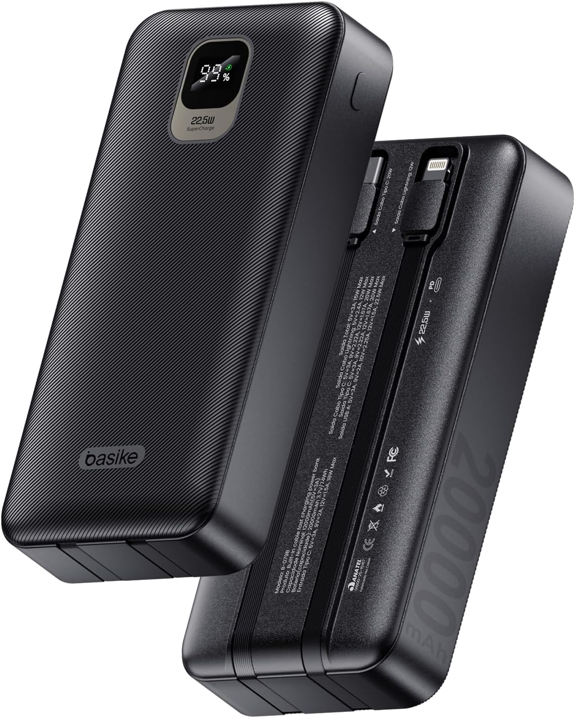 Basike Power Bank 20000mAh: carregamento rápido, cabos embutidos e proteção Basike Power Bank 20000mAh: carregamento rápido, cabos embutidos e proteção completa para iPhone e Android