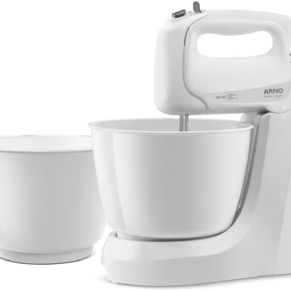 Batedeira Arno Mini Chef Portátil 400W com 2 Tigelas de 4 Litros 4 velocidades Função Pulsar Branca HM10 127v