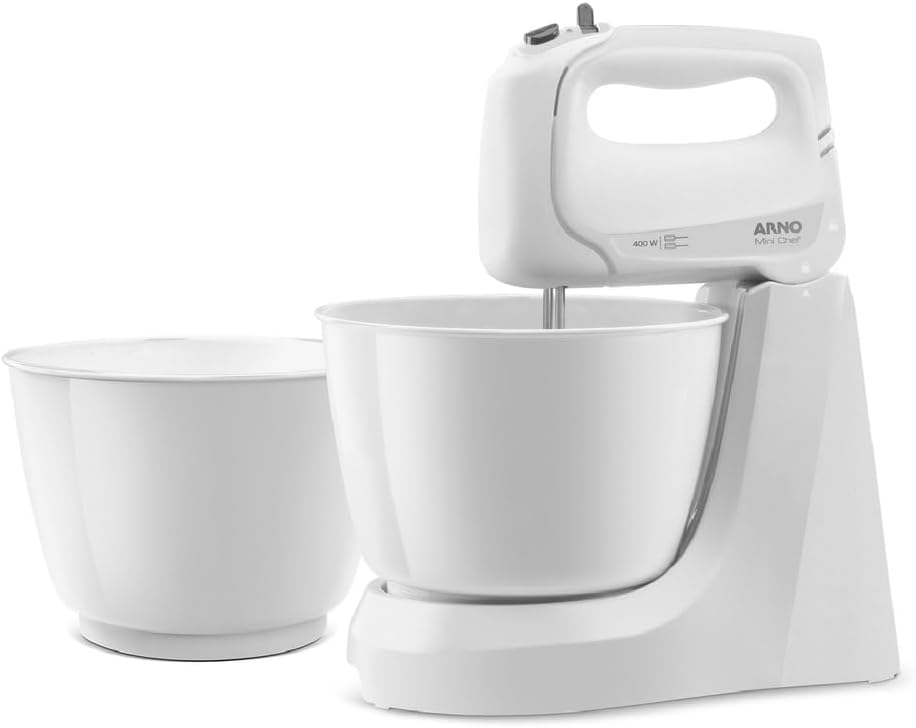 Batedeira Arno Mini Chef Portátil 400W com 2 Tigelas de Batedeira Arno Mini Chef Portátil 400W com 2 Tigelas de 4 Litros 4 velocidades Função Pulsar Branca HM10 127v