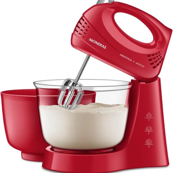 Batedeira Mondial Bella Massa 500W: 4 velocidades, turbo e duas tigelas para preparar receitas com praticidade e alto desempenho.