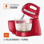 Batedeira Mondial Bella Massa 500W: 4 velocidades, turbo e duas tigelas para preparar receitas com praticidade e alto desempenho. - Imagem 2