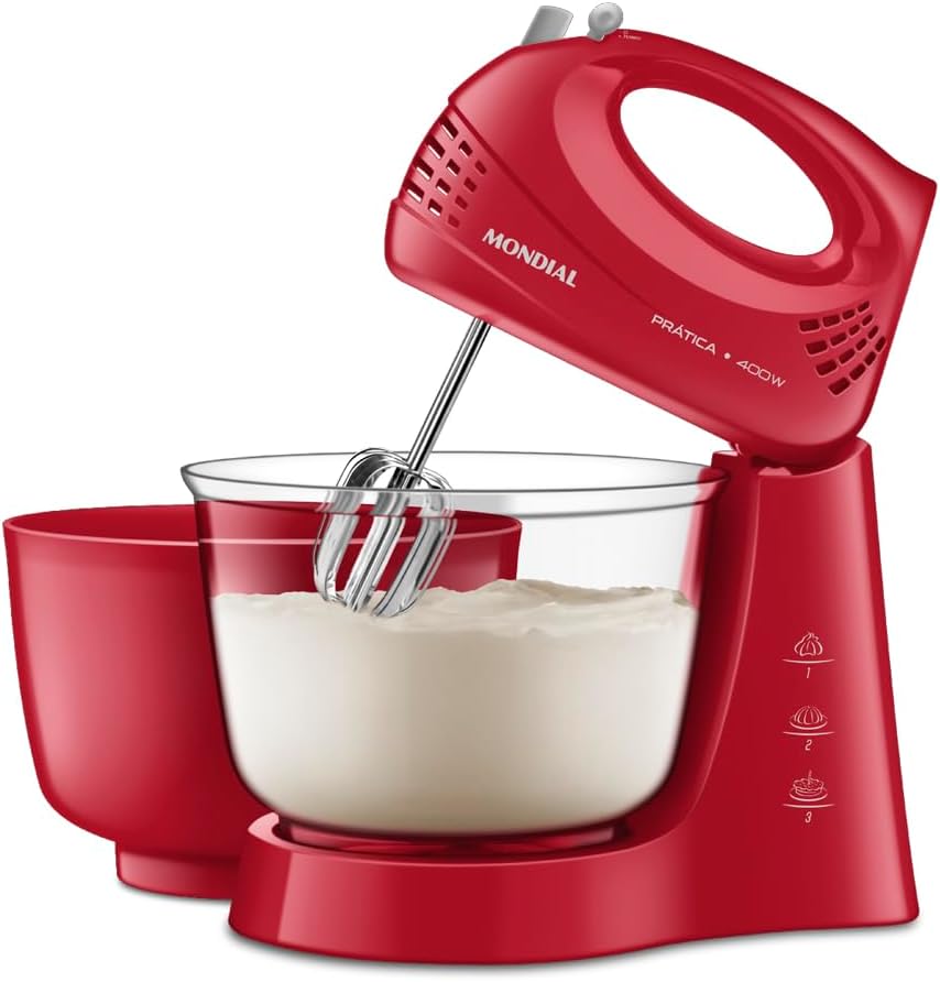 Batedeira Mondial Bella Massa 500W: 4 velocidades, turbo e duas Batedeira Mondial Bella Massa 500W: 4 velocidades, turbo e duas tigelas para preparar receitas com praticidade e alto desempenho.