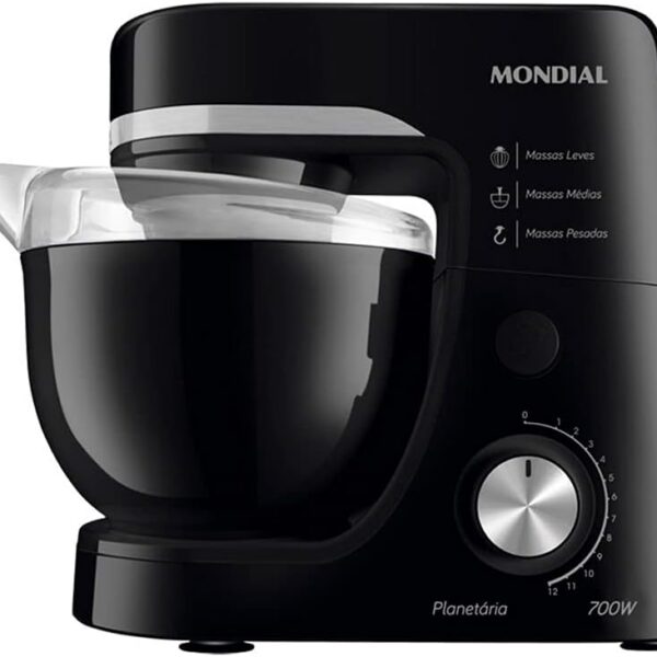 Batedeira Planetária Mondial 700W: potência e 12 velocidades para massas leves e pesadas com tigela de 4,5L.