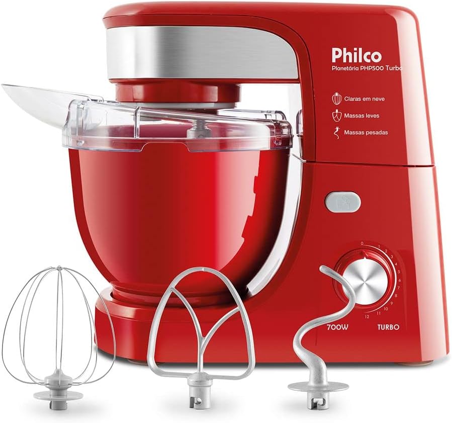 Batedeira Planetária Philco 500W Turbo com tigela 4L e 12 Batedeira Planetária Philco 500W Turbo com tigela 4L e 12 velocidades para massas e cremes.