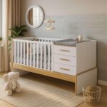 Berço Beni 5 em 1: vira cama de solteiro, com trocador, gaveteiro e baú em MDF branco com amêndoa.