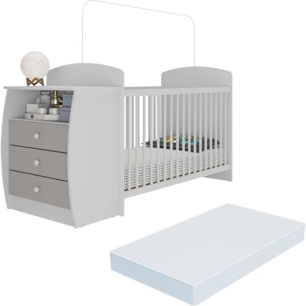 Berço Cômoda Multifuncional Colinho de Mãe com colchão incluso: praticidade, conforto e espaço para o quarto do bebê.