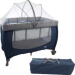 Berço Infanti Stelle 0 a 18kg: portátil, completo e seguro, com 2 alturas, trocador, mosquiteiro e abertura lateral.