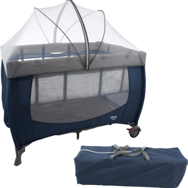 Berço Infanti Stelle 0 a 18kg: portátil, completo e seguro, com 2 alturas, trocador, mosquiteiro e abertura lateral.