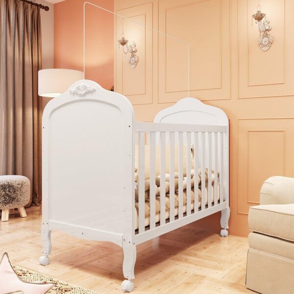 Berço Mini Cama 2 em 1 Elô Móveis Peroba Branco Brilho: conforto, praticidade e decoração elegante para o quarto do bebê.