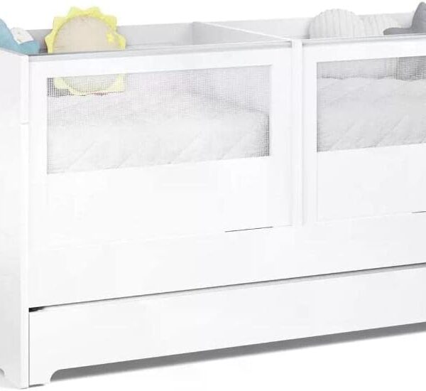 Berço para Gêmeos Sol e Mar Divicar branco: multifuncional, com cama auxiliar e colchão, ideal para comprar com praticidade.