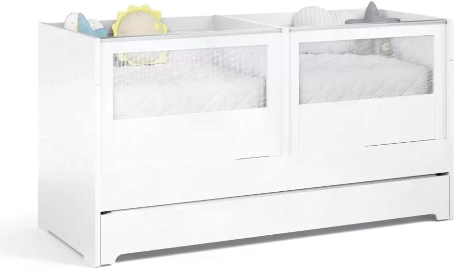 Berço para Gêmeos Sol e Mar Divicar branco: multifuncional, com Berço para Gêmeos Sol e Mar Divicar branco: multifuncional, com cama auxiliar e colchão, ideal para comprar com praticidade.