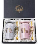 Biching conjunto de canecas Mr & Mrs 400 ml com folha de ouro, presente romântico para casamento, noivado e chá de panela.