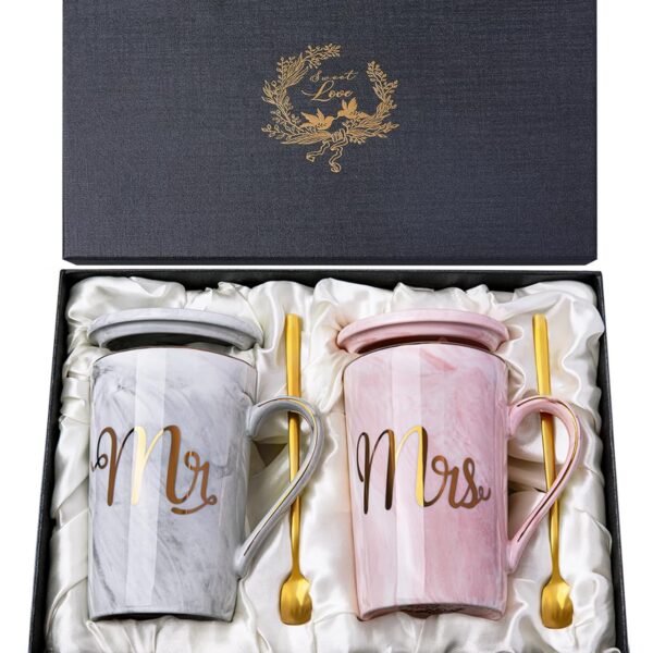 Biching conjunto de canecas Mr & Mrs 400 ml com folha de ouro, presente romântico para casamento, noivado e chá de panela.