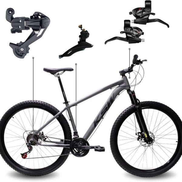 Bicicleta Aro 29 KSW XLT com quadro de alumínio, 21 marchas e freio a disco mecânico para mais controle e segurança.