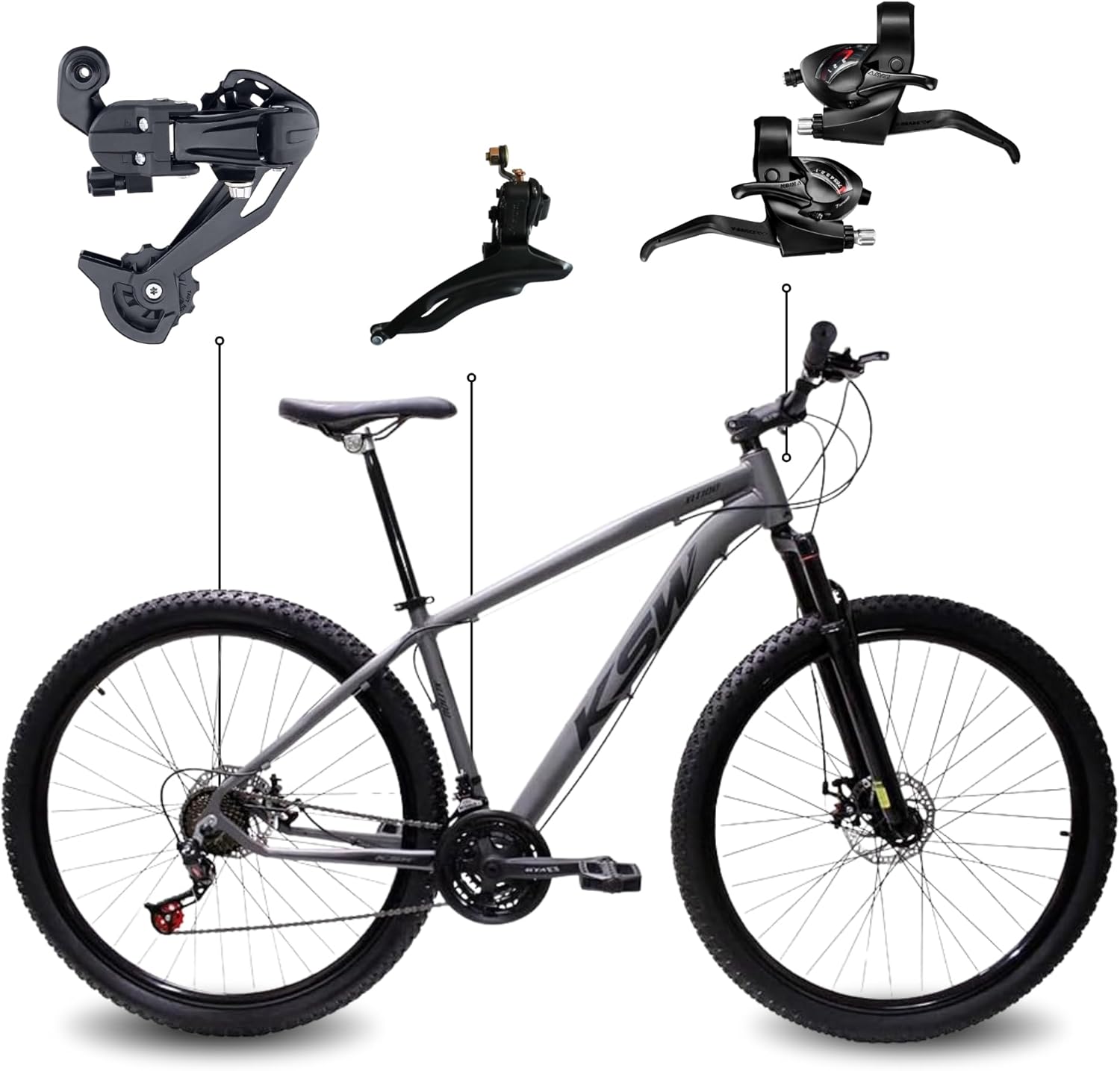 Bicicleta Aro 29 KSW XLT com quadro de alumínio, 21 Bicicleta Aro 29 KSW XLT com quadro de alumínio, 21 marchas e freio a disco mecânico para mais controle e segurança.