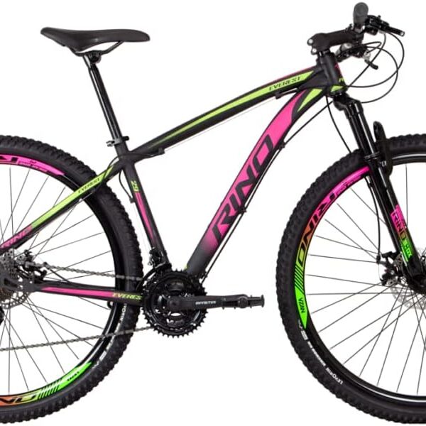 Bicicleta Aro 29 Rino Everest Color com câmbios Shimano 24v e freio hidráulico para mais controle e segurança.