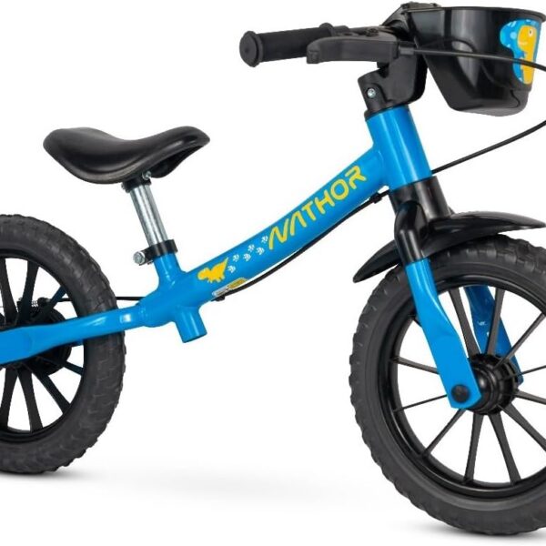 Bicicleta Balance Bike Masculina Nathor Azul para crianças a partir de 2 anos, com freio traseiro e altura regulável.