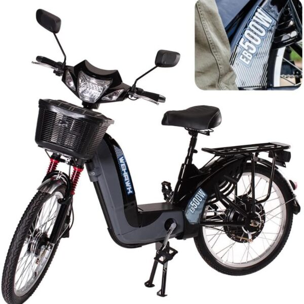 Bicicleta Elétrica Wehawk HW03 500W com bateria recarregável e mobilidade prática para suas compras e deslocamentos.