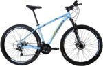 Bicicleta Rino Everest 29 com Shimano 24v, freio a disco e suspensão com trava para mais conforto e desempenho.