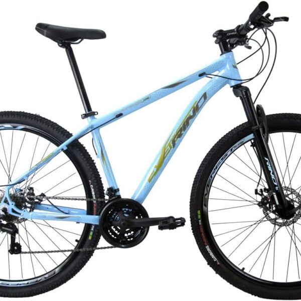 Bicicleta Rino Everest 29 com Shimano 24v, freio a disco e suspensão com trava para mais conforto e desempenho.