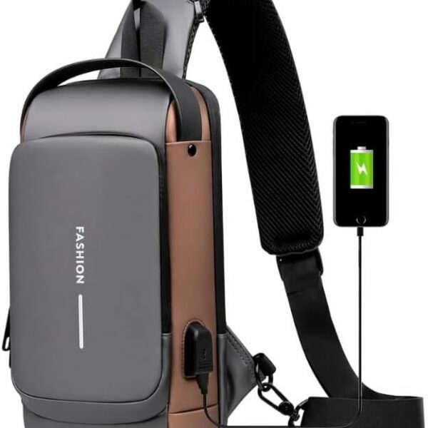 Bolsa Transversal Masculina Antifurto Impermeável com Cadeado e USB, compacta e segura para trabalho, academia e uso urbano.