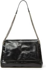 Bolsa de ombro de couro preta com corrente: estilo retrô, grande e prática para o dia a dia