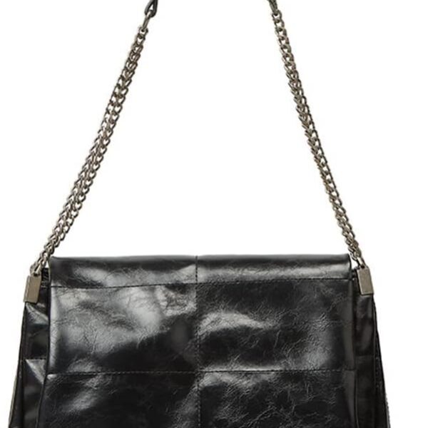 Bolsa de ombro de couro preta com corrente: estilo retrô, grande e prática para o dia a dia