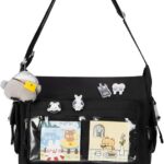 Bolsa tiracolo Kawaii com janela para pins e pelúcia, ideal para anime, cosplay e uso diário com estilo Y2K.