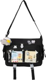 Bolsa tiracolo Kawaii com janela para pins e pelúcia, ideal para anime, cosplay e uso diário com estilo Y2K.