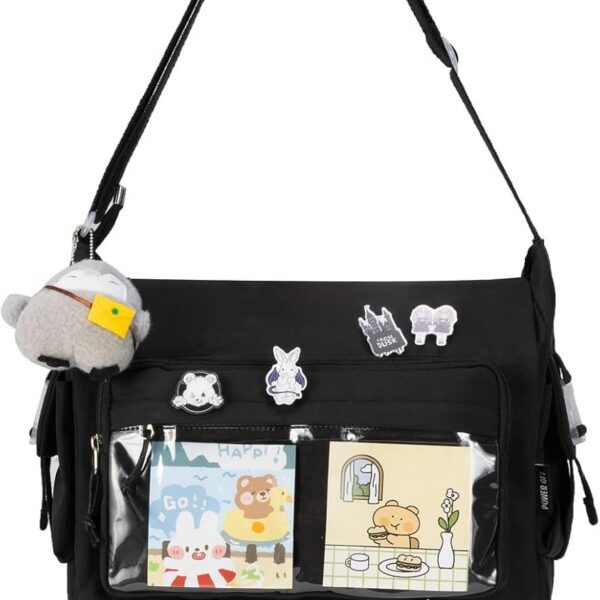 Bolsa tiracolo Kawaii com janela para pins e pelúcia, ideal para anime, cosplay e uso diário com estilo Y2K.