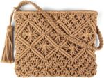 Bolsa tiracolo boho artesanal em corda de algodão, leve e estilosa para praia e verão, com borlas e cor camelo.