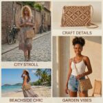 Bolsa tiracolo boho artesanal em corda de algodão, leve e estilosa para praia e verão, com borlas e cor camelo. - Imagem 2