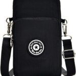 Bolsa tiracolo feminina pequena de nylon preta, ideal para carregar o celular com praticidade e estilo.