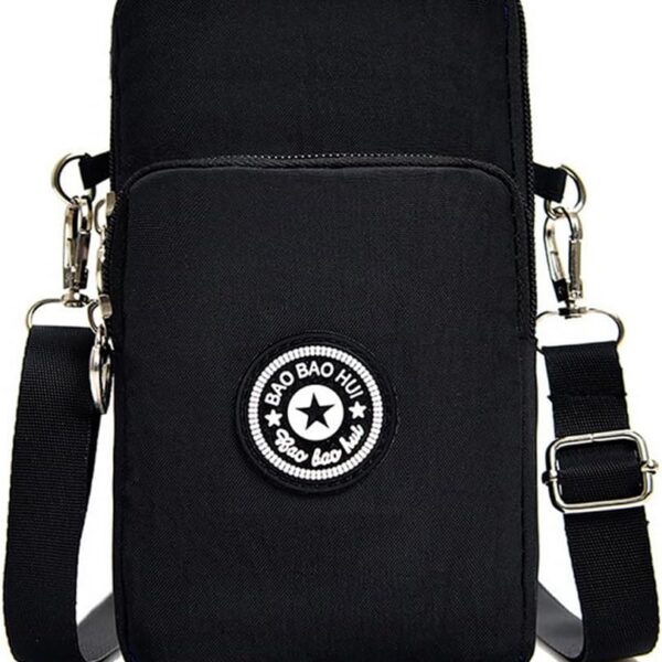 Bolsa tiracolo feminina pequena de nylon preta, ideal para carregar o celular com praticidade e estilo.
