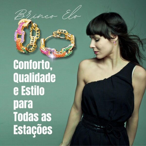Brinco Argola Feminino Elo com Zircônias Coloridas e banho de ouro, elegância e alegria com bolsa de veludo